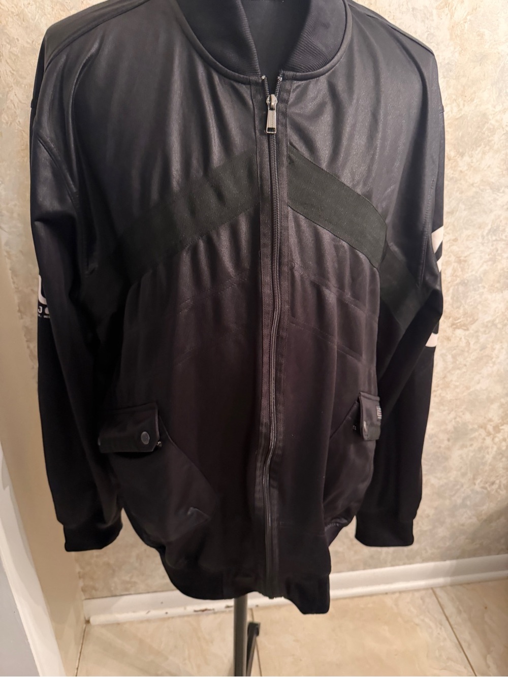 Sean John Men's Black Leather-Accent Bomber Jacket